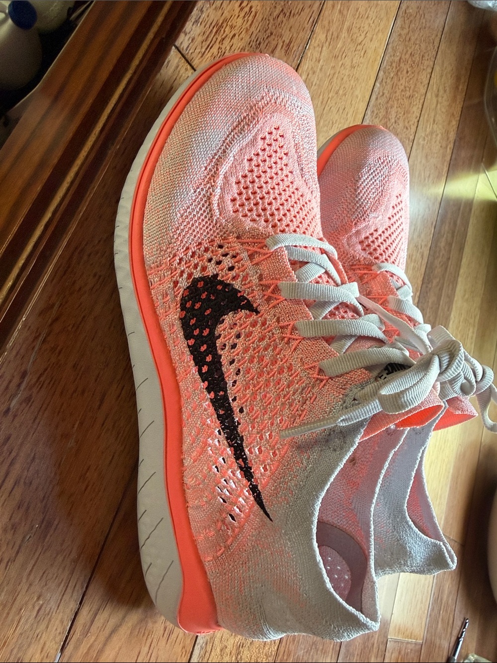 Nike Women's Flyknit Running Shoes - Pink/White with Black Swoosh